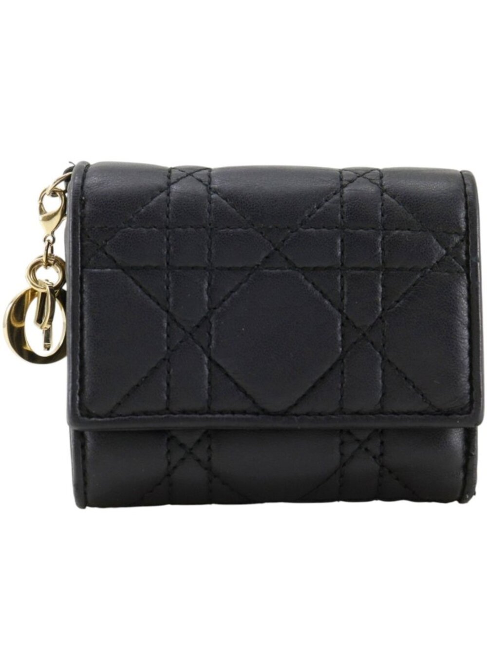 Dior Lady Lotus Cannage Lambskin Black Trifold Wallet